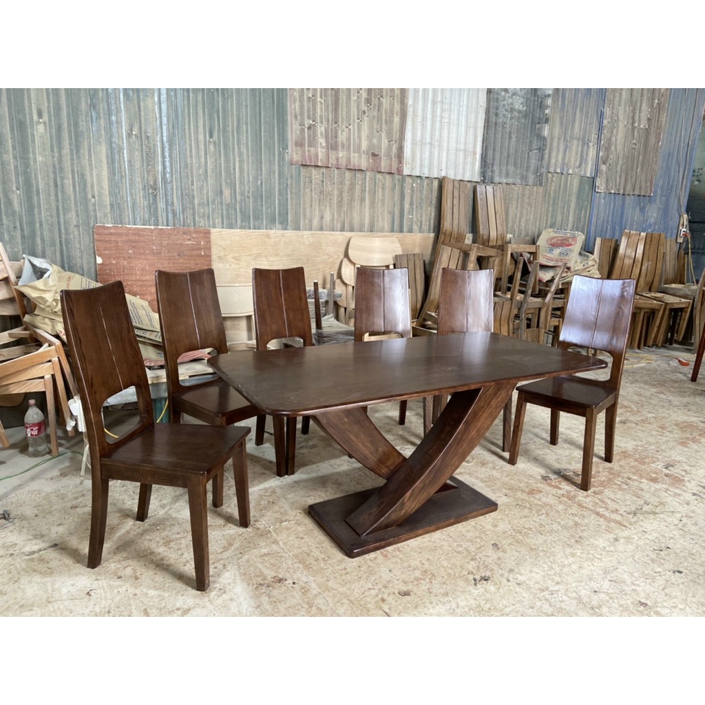 Bàn ghế ăn gỗ sồi cao cấp (bàn 160cm chân chữ X chữ U+6 ghế tựa lưng cao), lưu ý đặt hàng qua zalo