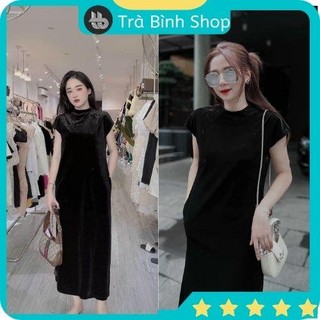 Váy cổ tròn dáng dài maxi đầm dự tiệc sang chảnh váy nhung đen sát nách vn08 tirahouse