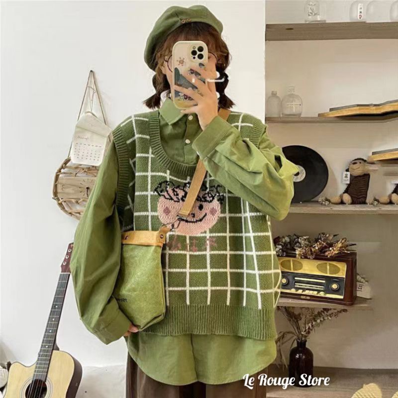 (ORDER) Set áo sơ mi trơn màu dáng rộng + áo len gile kẻ caro ô vuông tone màu xanh bơ hot trendy