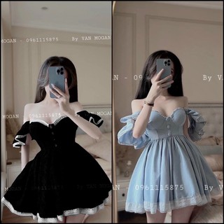 ĐẦM BỆT VAI TAY CÁNH TIÊN ĐÍNH CÚC BỌC PHỐI REN DÁNG NGẮN