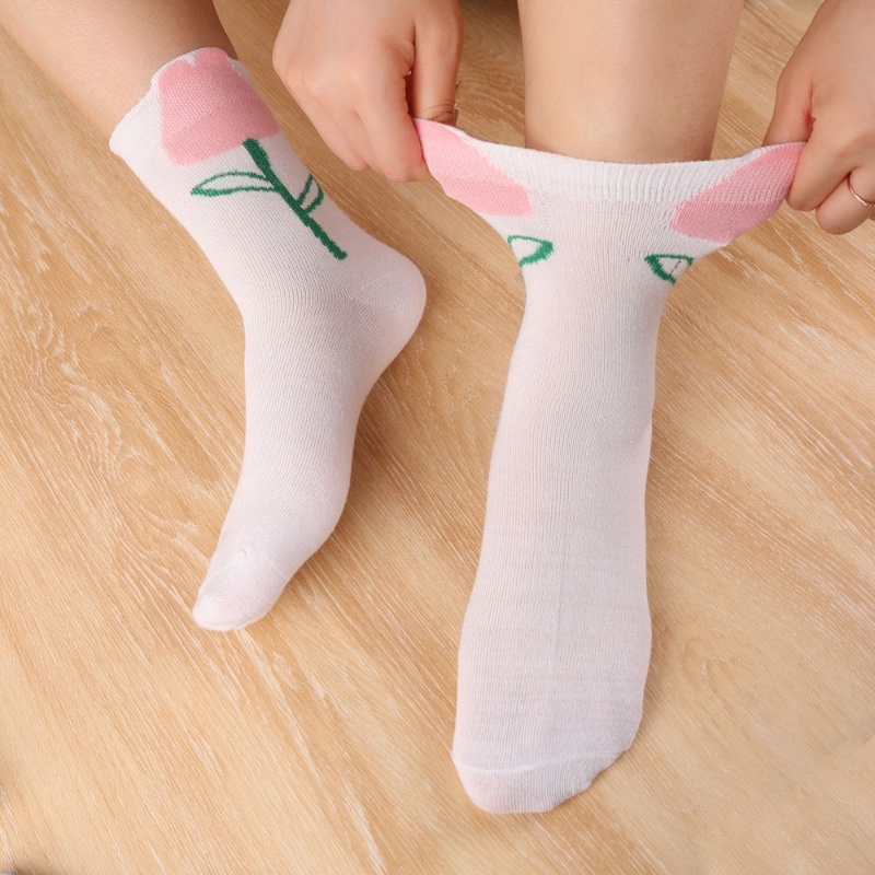 (Phong Cách Ngẫu Nhiên) Vớ Ngắn Thoáng Khí Hình Hoa Tulip Màu Kẹo Thời Trang Xuân Hè Đơn Giản Cho Nữ