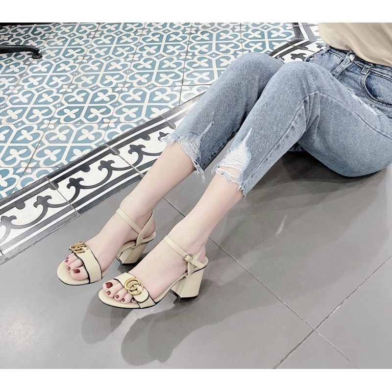 Sandal nữ quai ngang viền đen lượn sóng tag GG gót trụ Nguyên hộp hãng cao cấp