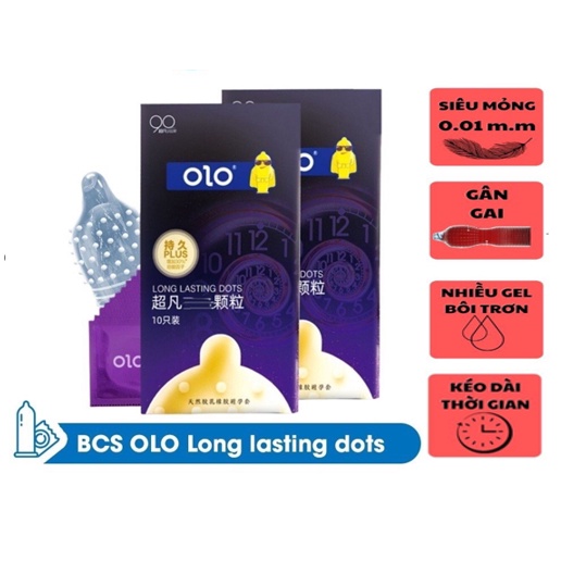 Bao cao su OLO Long Lasting Dots Kéo dài thời gian, Siêu gai, Siêu mỏng, nhiều gel bôi trơn - hộp 10 bcs