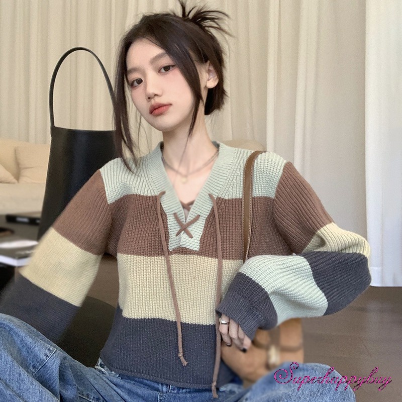 Áo Sweater Dệt Kim Tay Dài Dáng Rộng Kẻ Sọc Màu Sắc Tương Phản Thời Trang Cho Nữ