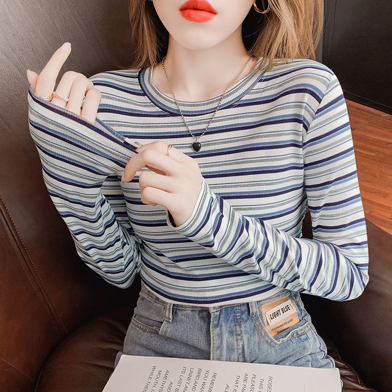 Áo Thun Tay Dài Dáng Ôm Họa Tiết Kẻ Sọc Màu Sắc Tương Phản Thời Trang Xuân Thu  Có Size Lớn Cho Nữ