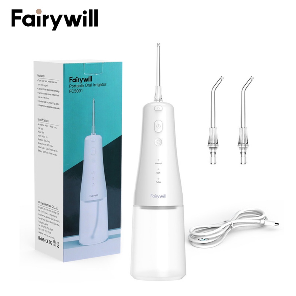 Máy tăm nước cầm tay FAIRYWILL có 2 đầu vòi thay thế với bể chứa nước dung tích 300ml