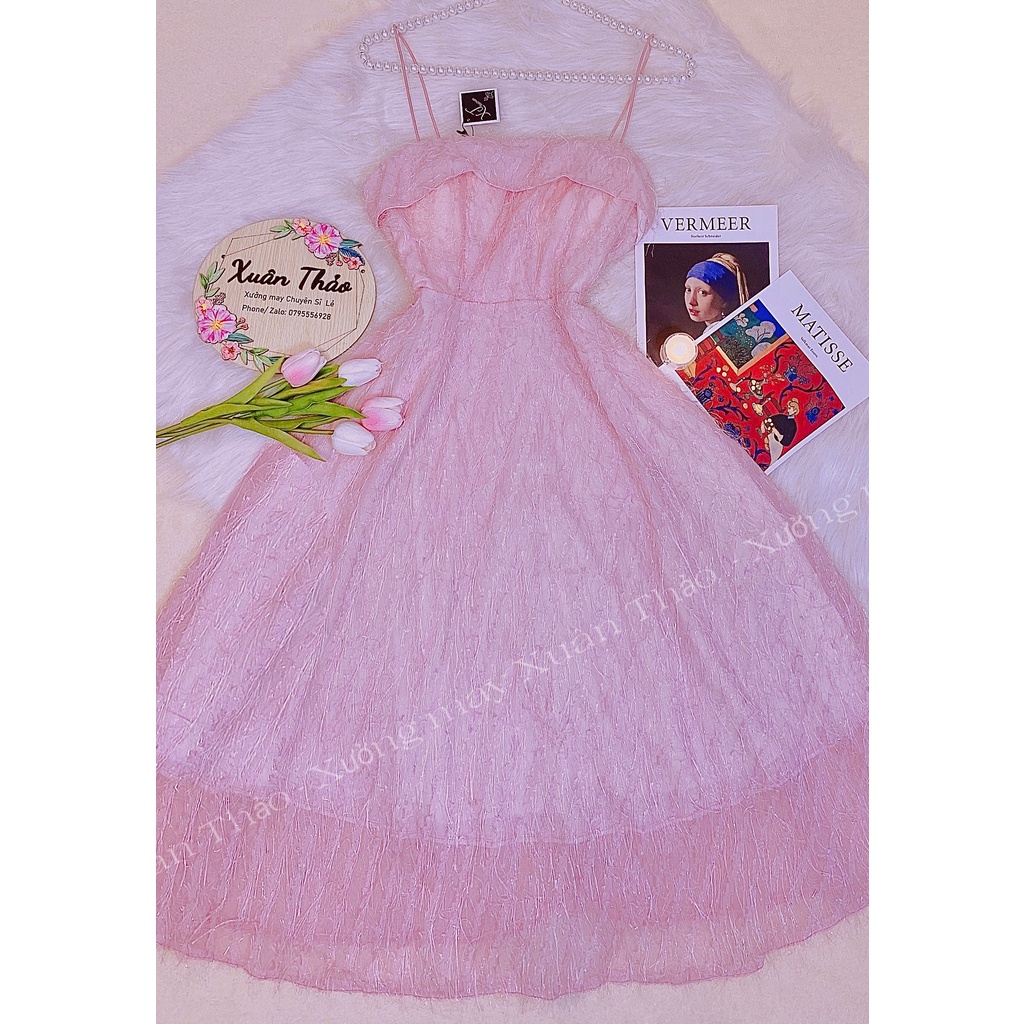 Đầm lông vũ Hot Girl 2 Dây Dự Tiệc Thiết Kế, Đầm Tiểu Thư Sang Chảnh Cao Cấp Dáng Dài