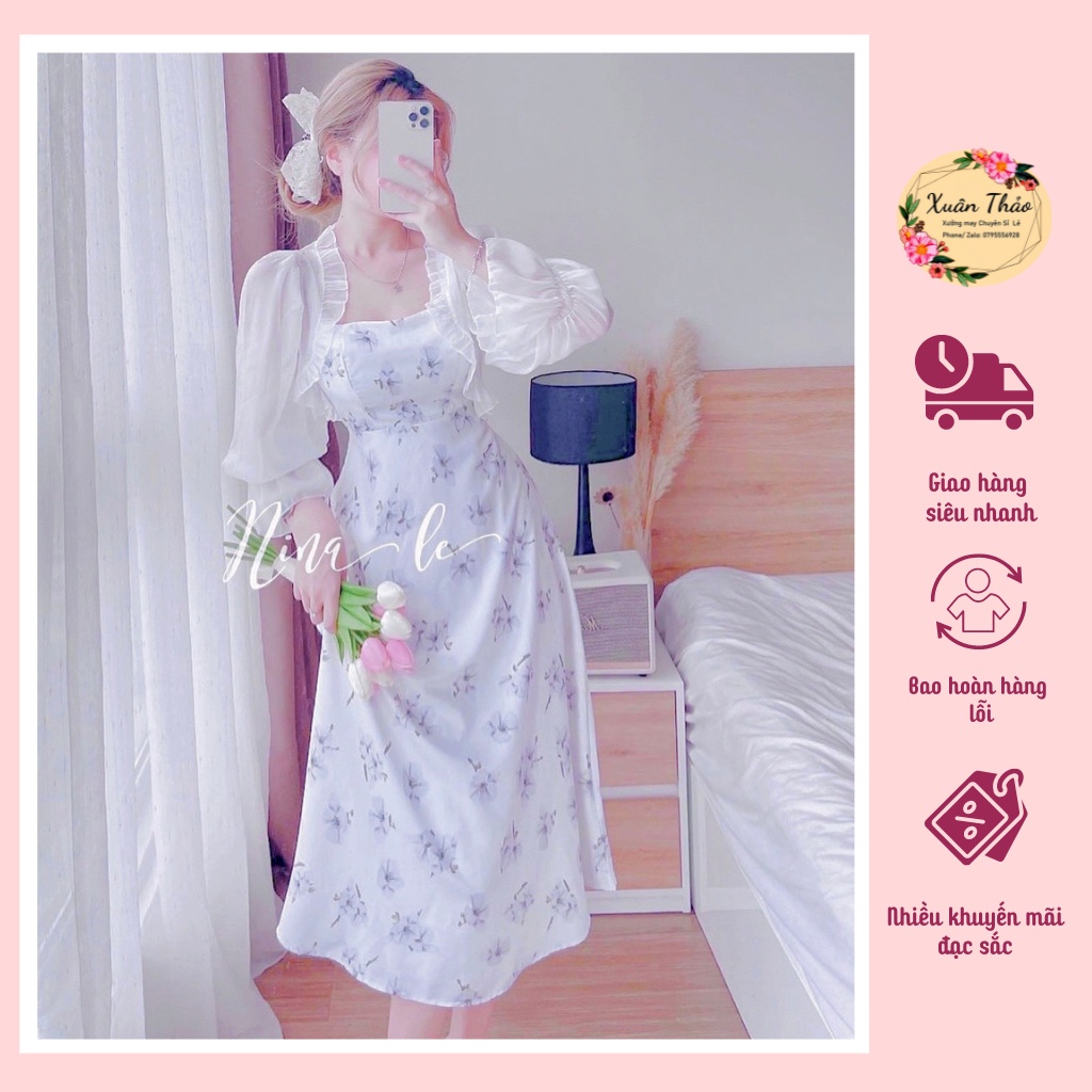 Set Váy Voan Tơ Hoa Nhí, Đầm Voan Tơ Tiểu Thư 2 Dây Hàng Thiết Kế Kèm Áo Khoác Mã số A946