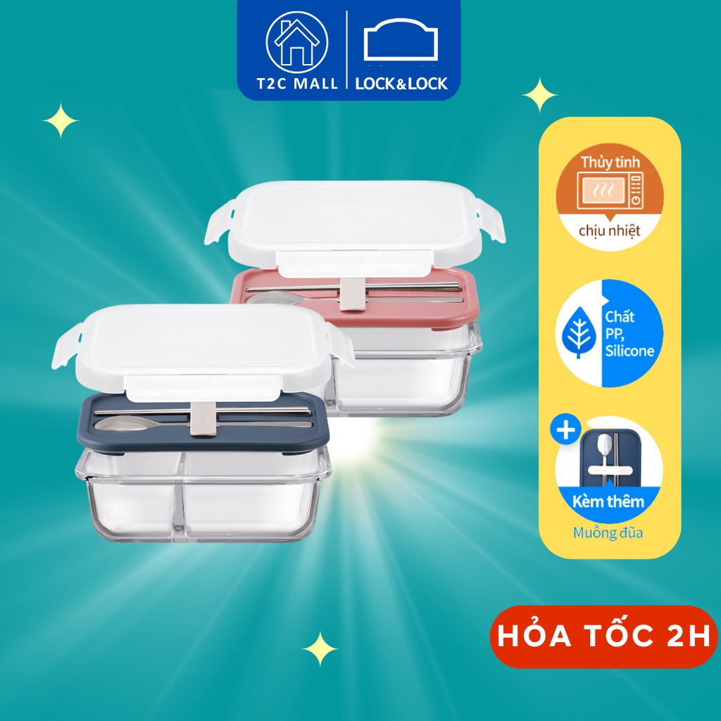 Hộp Cơm Thủy Tinh 2 Ngăn Kèm Muỗng Thìa 930ml Lock&Lock LLG991CL - T2Cmall
