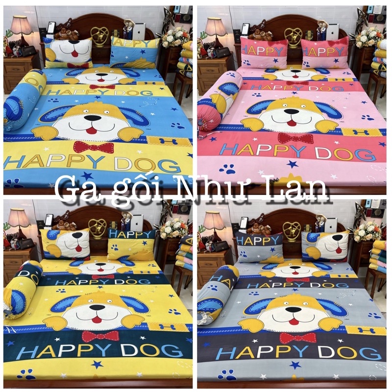 Bộ ga gối thun 3D hàn quốc Chó Happy
