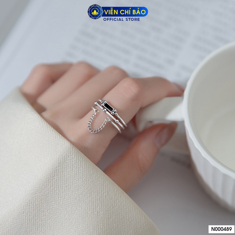 Nhẫn bạc nữ xích đá đen chất liệu bạc Thái 925 thời trang phụ kiện trang sức nữ Viễn Chí Bảo N000489