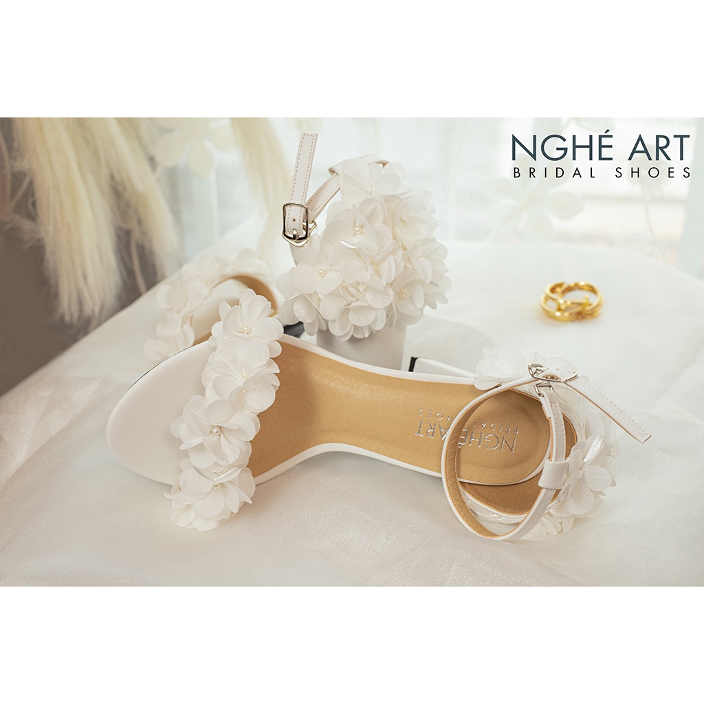 Giày cưới Nghé Art sandal trắng hoa voan 193