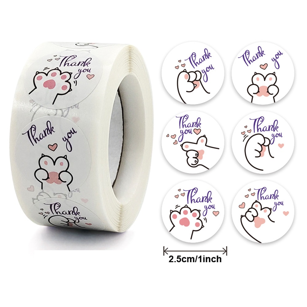 Cuộn 500 nhãn dãn cảm ơn, sticker thank you, tem tròn thank you, tem cảm ơn họa tiết mèo con