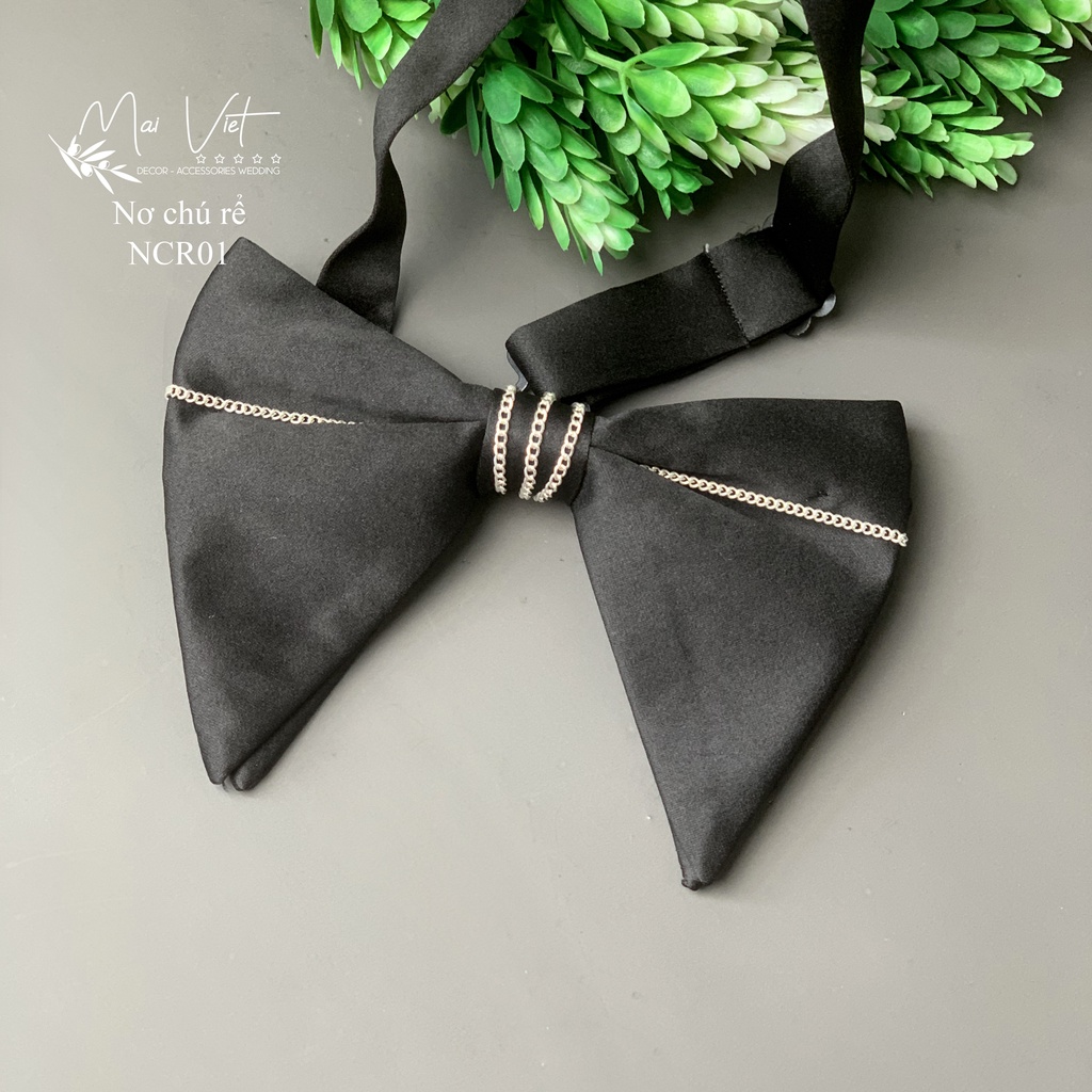 Nơ chú rể kiểu tai mèo, chất vải nhung và phi bóng 2 cánh nơ rộng