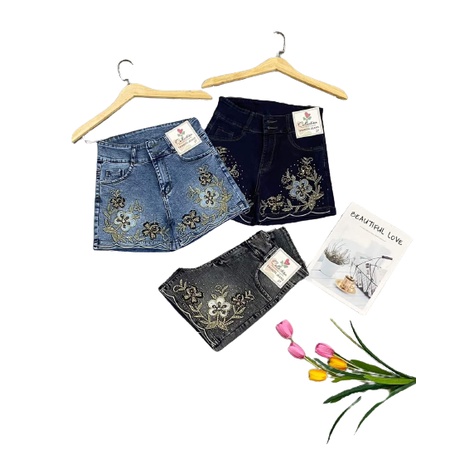 Quần Short Jean Nữ Thêu Hoa Hồng Đính Hạt Co Giãn Có Size Đại