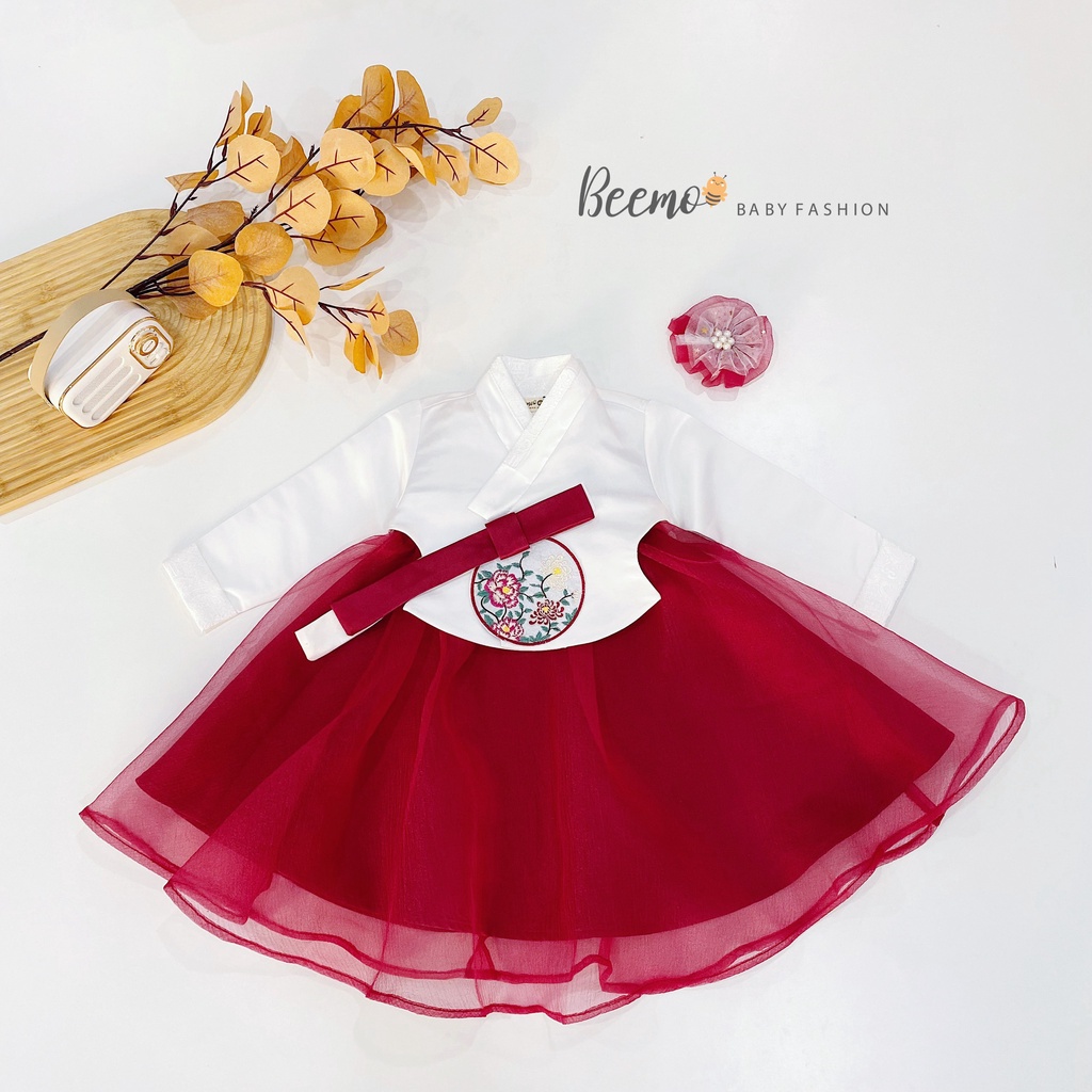 Váy Hanbok cho bé gái Beemo, chất liệu gấm Hàn phối chân váy tơ và kẹp tóc tiểu thư B041