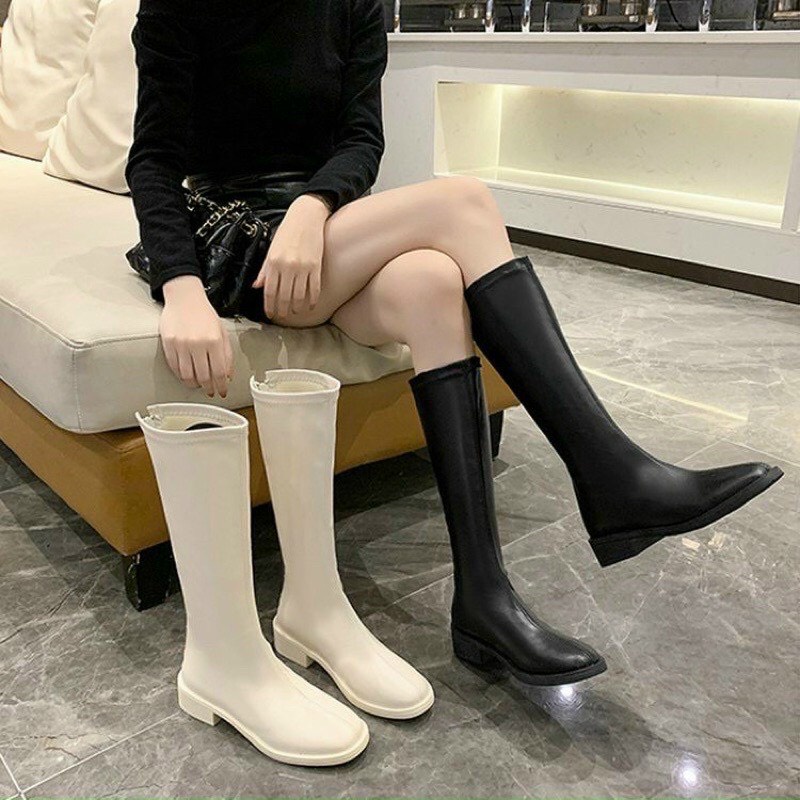 Bốt Đế Bằng Mũi Tròn Boot Đùi Da lì Cao Cấp Khóa Sau, Bốt mũi tròn, Bốt Cao Cổ (Hàng Sẵn - Fullbox)