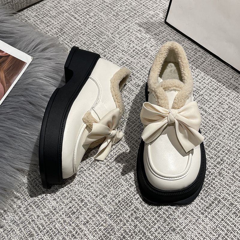 Giày Lười Da Lót Lông Cừu Đế Dày Đính Nơ Thời Trang Thu Đông