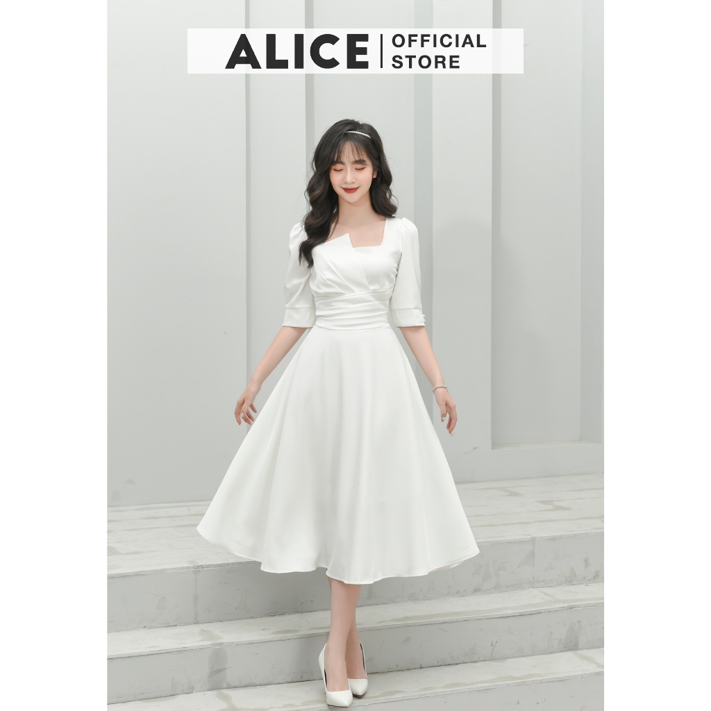 Đầm Dự Tiệc Thiết Kế ALICE Cổ Vuông Dập Ly Sang Trọng, Thiết Kế Dáng Dài Xòe, Tay Lỡ Thắt Eo Thanh Lịch V677