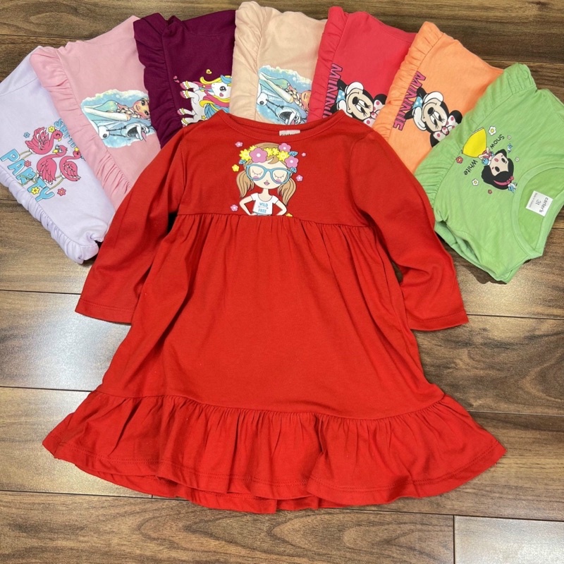 Váy cotton tay dài VNXK bé gái in hình Pony, Elsa, Minnie, Mickey, Kitty