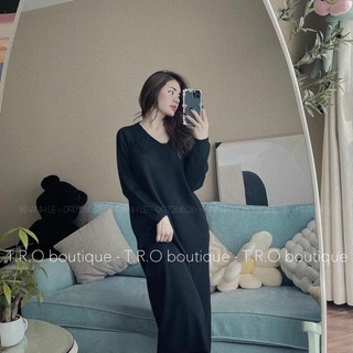 Đầm dáng suông len cổ tim