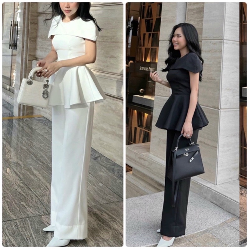 Set áo peplum cổ tròn che vai đính logo kèm quần suông, set áo và quần chuẩn form sang xịn mịn