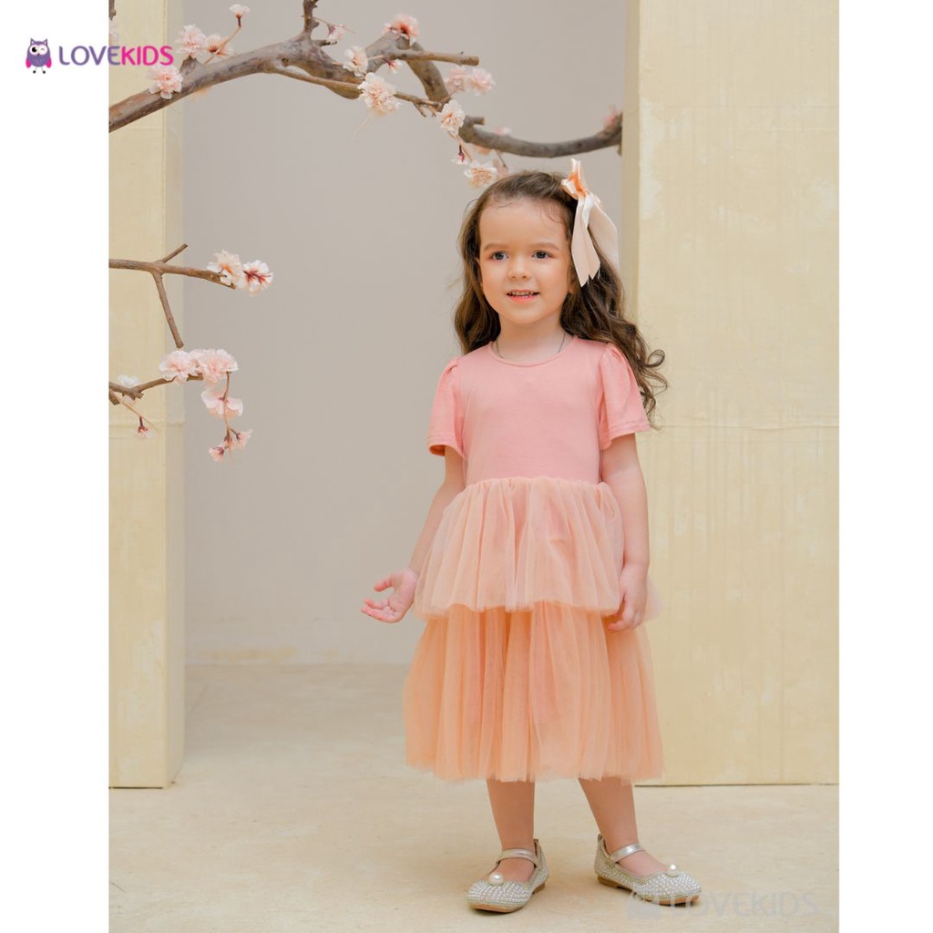 Đầm cho bé gái Lovekids, váy công chúa cho bé gái hai tầng cộc tay, màu trắng, hồng, công chúa, size từ 3 đến 12 tuổi