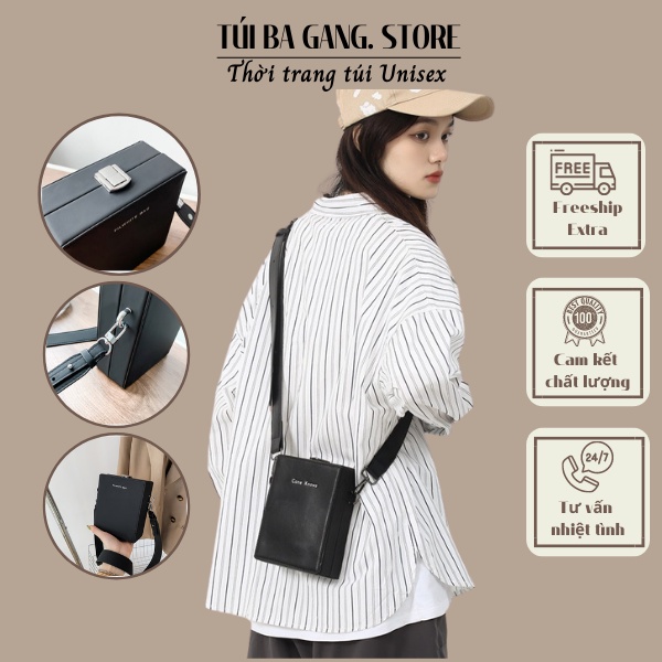 Túi da nam nữ dáng hộp trơn cao cấp, Túi đeo chéo unisex da PU màu đen cho nam nữ phong cách hiện đại lịch lãm đi chơi