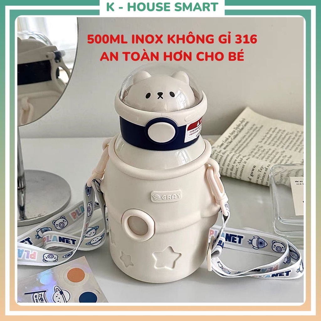 Bình nước giữ nhiệt cho bé 500ml phi hành gia cute có ống hút mini, bình inox 316 khắc tên