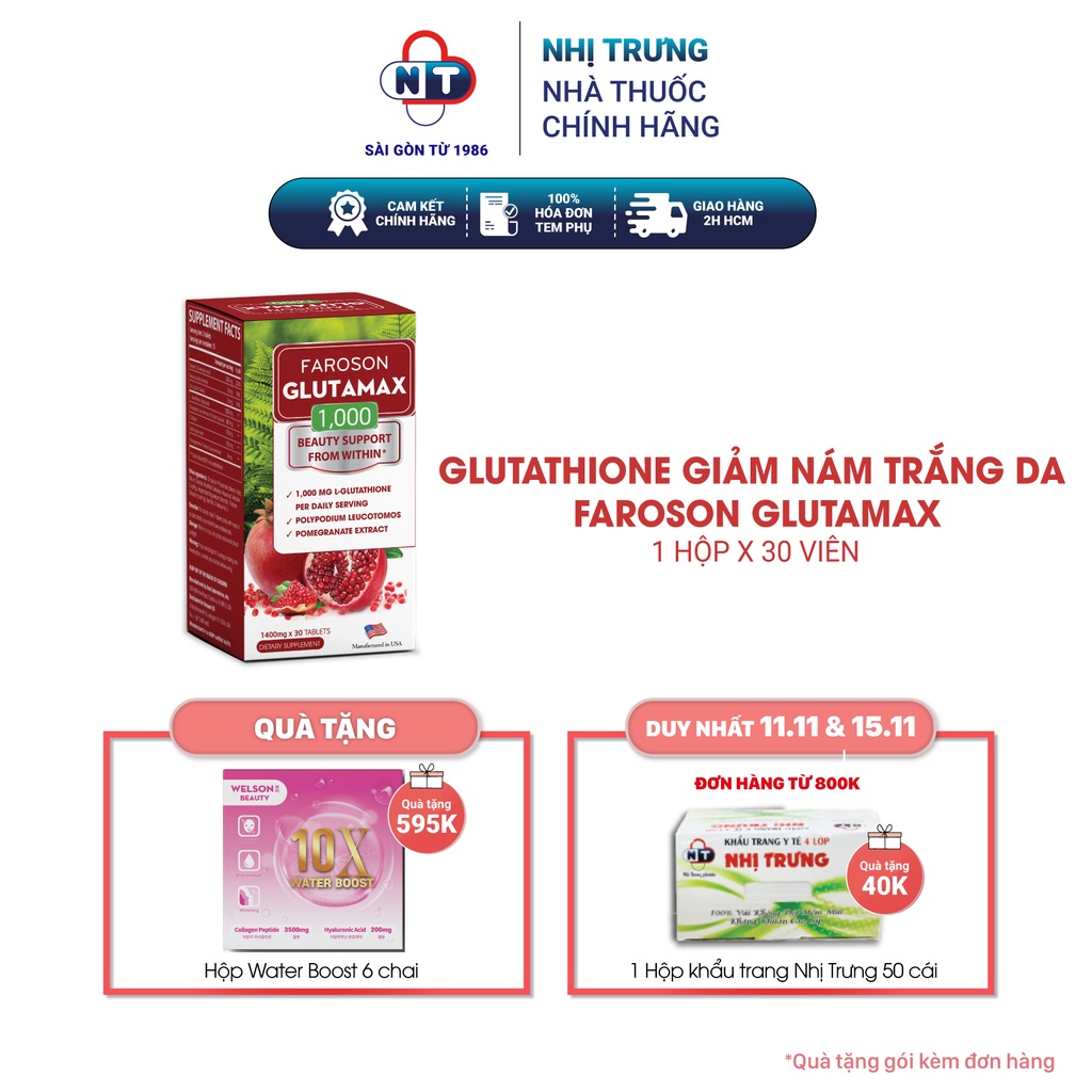 Viên uống glutathione trắng da mờ nám chống nắng Glutamax 1000 hộp 30 viên