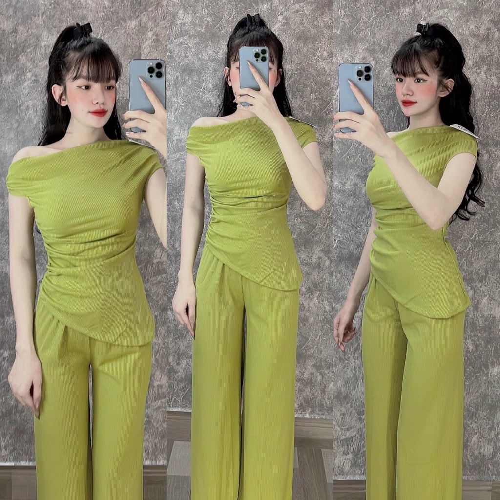 (FreeShip) Sét đồ bộ nữ,áo lệch vai nhún eo chéo tà cực sang mix quần ống suông,chất đẹp lên from xinh xĩu