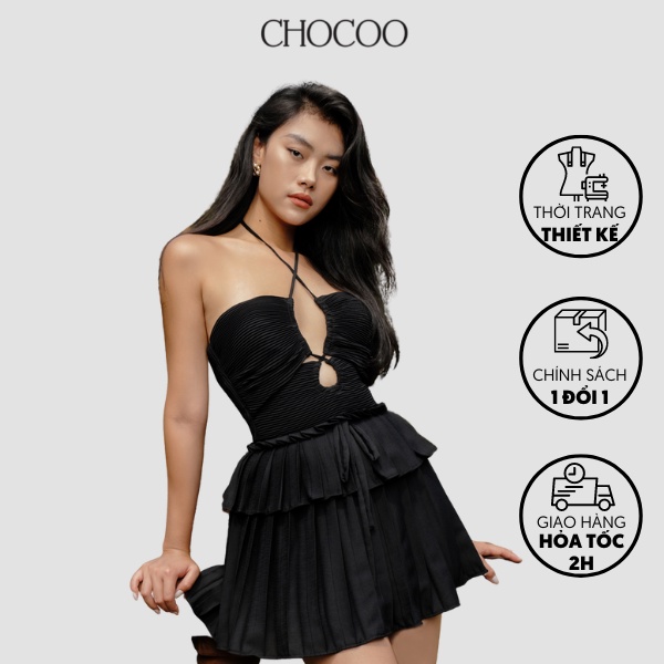 Váy xếp ly CHOCOO Mimmi Dress thiết kế dáng xòe cổ cột dây màu đen chất liệu voan cao cấp