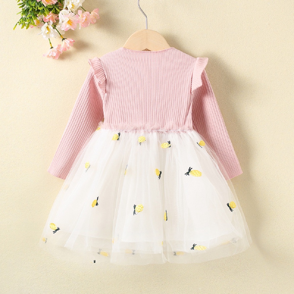 Đầm váy thu đông style công chúa dài tay, trên len mịn dưới voan xòe,giây đeo túi giả hình quả dứa dành cho bé 8-18kg