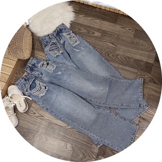 Quần jeans suông túi rách kiểu cạp cao phom dài dáng basic