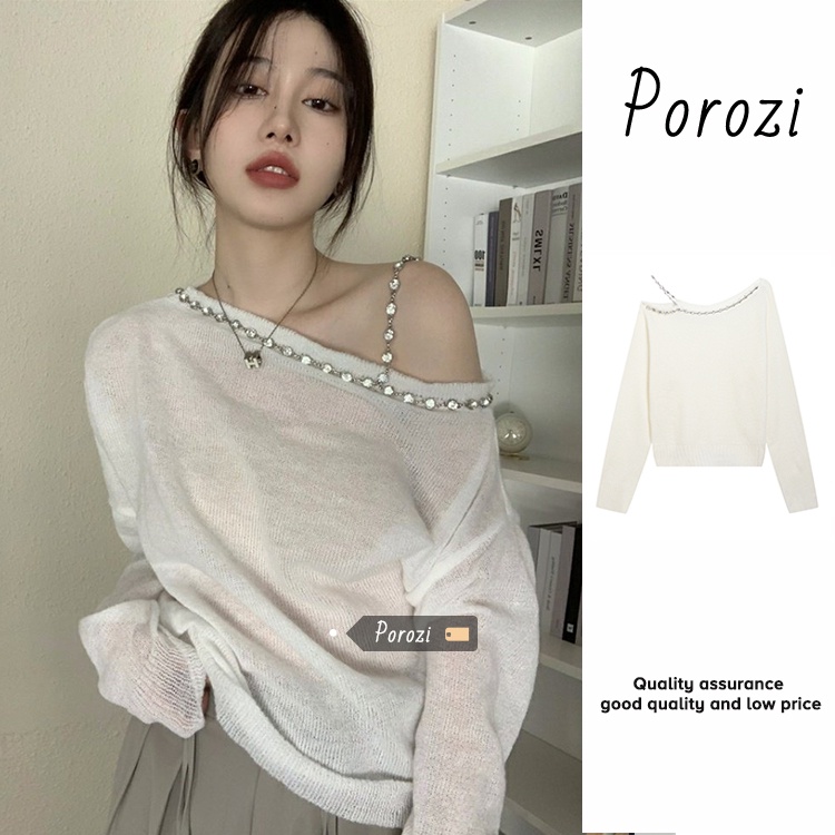 Porozi  Áo sweater dệt kim tay dài trễ vai phong cách Hàn Quốc thời trang cho nữ