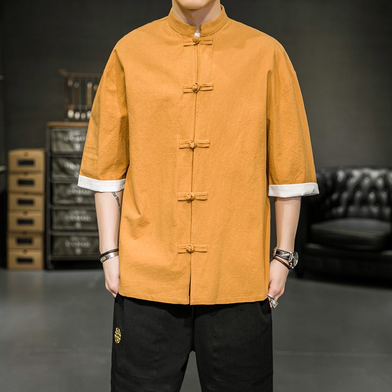Áo Sơ Mi Cotton Lanh Tay Lửng Phối Nút Đĩa Kiểu Trung Hoa Cổ Điển Thời Trang Mùa Hè Cho Nam
