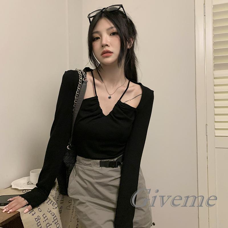 Áo Thun Lửng Tay Dài Cổ V Thời Trang Dành Cho Nữ