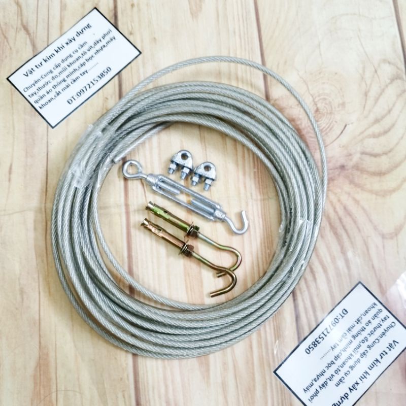 Bộ dây phơi quần áo Phi 5mm,dây cáp thép bọc nhựa,2 khóa cáp 5mm, 1 tăng đơ 5, 2 nở móc sắt 6mm