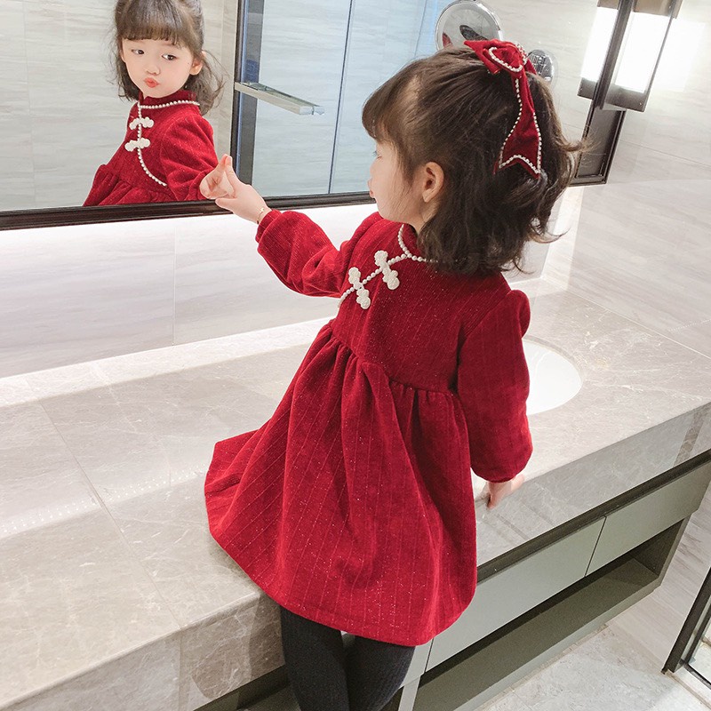 Váy bé gái nhung tăm đỏ cổ tầu 8-30kg XHN1130