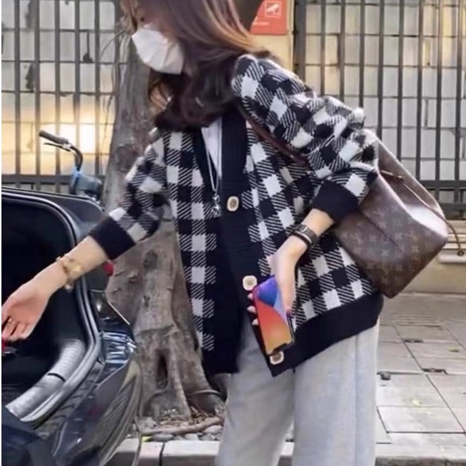 Áo khoác cardigan len caro nữ form rộng bigsize dáng dài dày dặn phong cách Ulzzang Hàn Quốc trẻ trung năng động