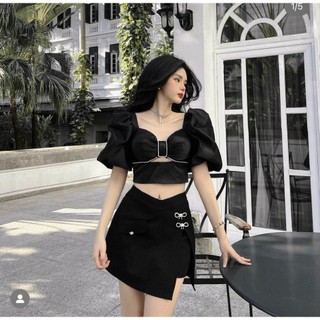 Set croptop đen viền cườm khoét ngực kèm chân váy