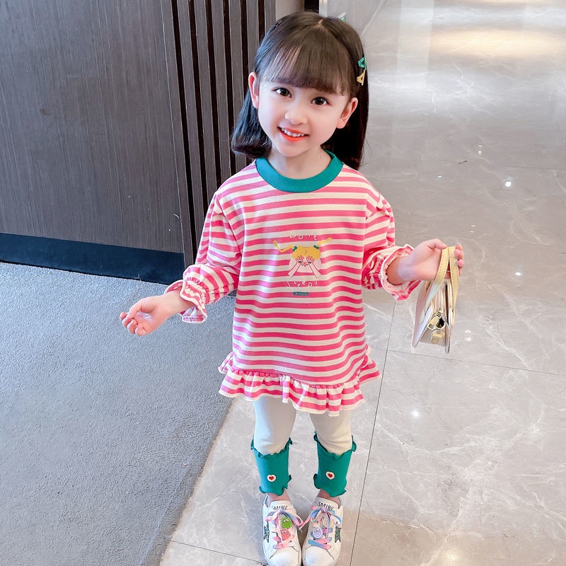Áo Thun Tay Dài Cổ Tròn Phối Ren Kèm Quần Legging Phong Cách Hàn Quốc Thời Trang Xuân Thu Mới Cho Bé Gái