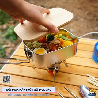 Hộp đựng / Nồi inox vuông nắp thớt gỗ kết hợp đa năng CLS du lịch cắm trại dã ngoại