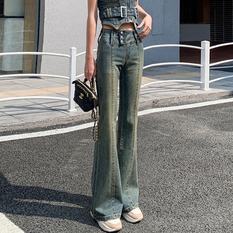 IELGY Quần denim Dài Co Giãn Màu Xanh Dương Phong Cách retro Dễ Phối Đồ Cho Nữ