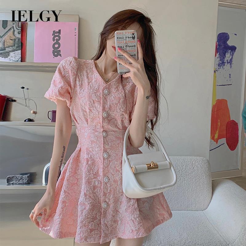 IELGY IELGY Đầm Cổ Chữ V Hở Eo Dập Nổi Họa Tiết Ba Chiều Phong Cách Pháp Thời Trang Cho Nữ Lưng