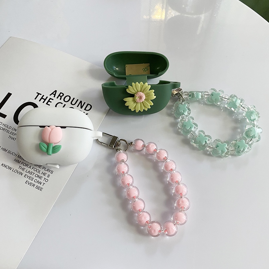 Vỏ Bảo Vệ Hộp Sạc Tai Nghe realme Buds T100 Bằng Silicon Họa Tiết Hoa Tulip / Daisy Dễ Thương Kèm Móc Khóa Tiện Dụng