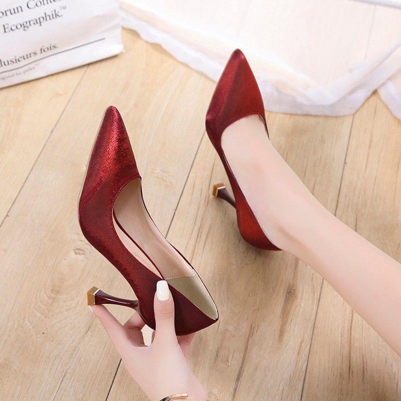 Giày Cao Gót Mũi Nhọn Bằng Lụa satin Màu Đỏ Rượu Vang Thời Trang Mùa Hè Hàng Mới Dành Cho Bạn Nữ