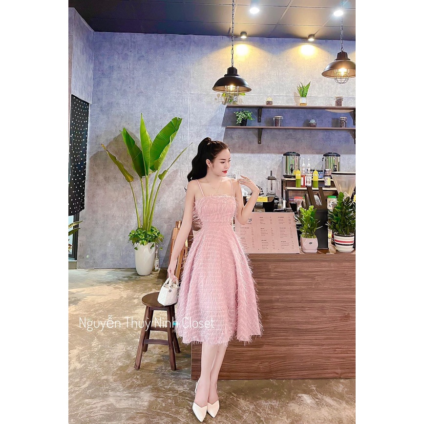 Đầm lông vũ Hot Girl 2 Dây Dự Tiệc Thiết Kế, Đầm Tiểu Thư Sang Chảnh Cao Cấp Dáng Dài