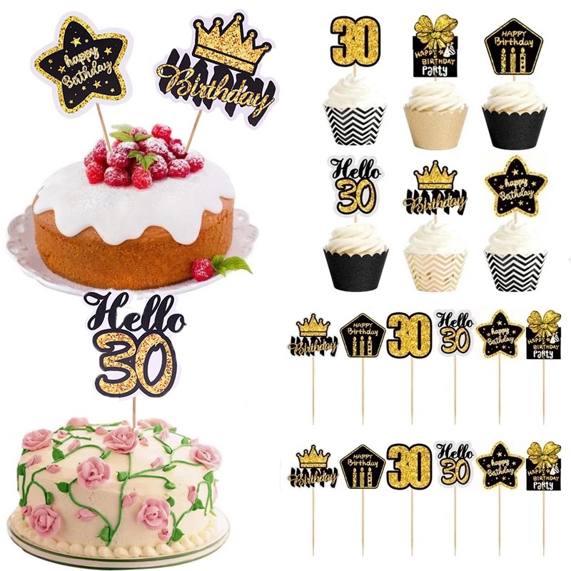 Set 12 Que Cắm Trang Trí Bánh Sinh Nhật Màu Vàng Đen Lấp Lánh Kích Thước 30 40 50 60 Tuổi