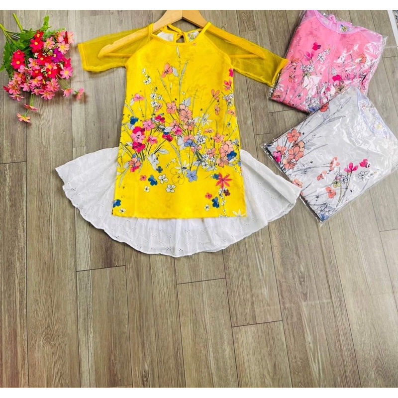 Set áo dài cách tân gấm , chân váy ren bé gái 7-18kgas